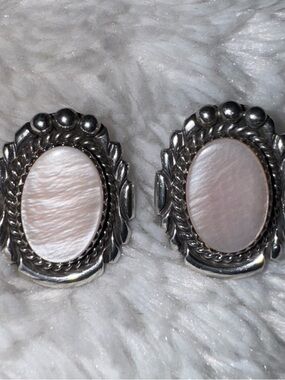 Vintage Navajo Oval Signed Sterling Pink Conch Earrings